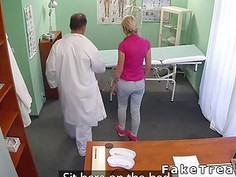 Slim blonde sucks cock to doctor