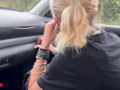Amateur blowjob in car - blonde milf sucks dick takes cum in mouth - outdoor pov